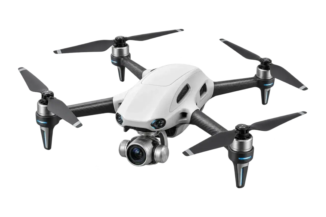 Concept illustration of a white and graphite quadcopter with an optical payload