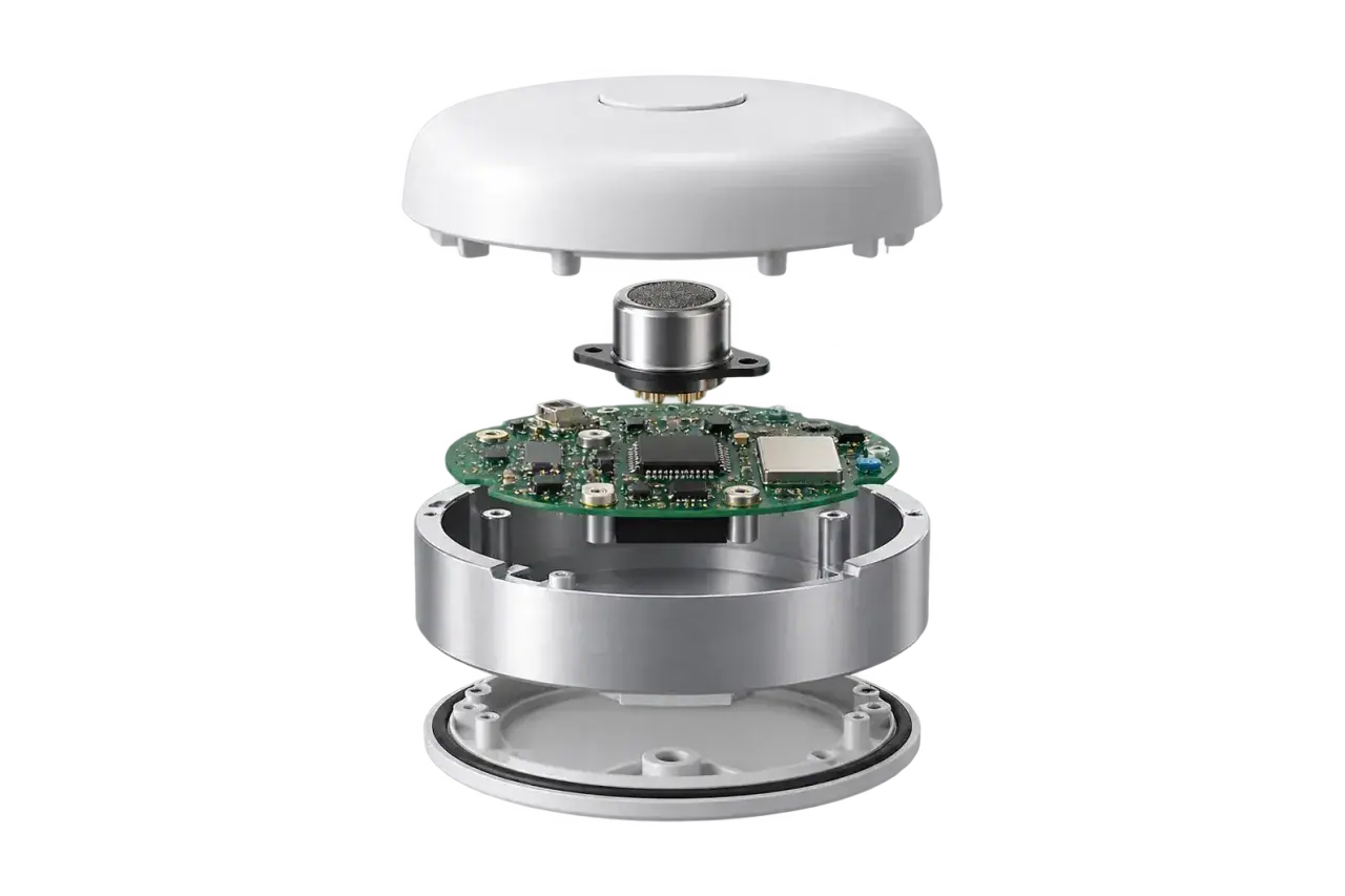 Concept illustration of a precision enclosure and an exposed electronic circuit board