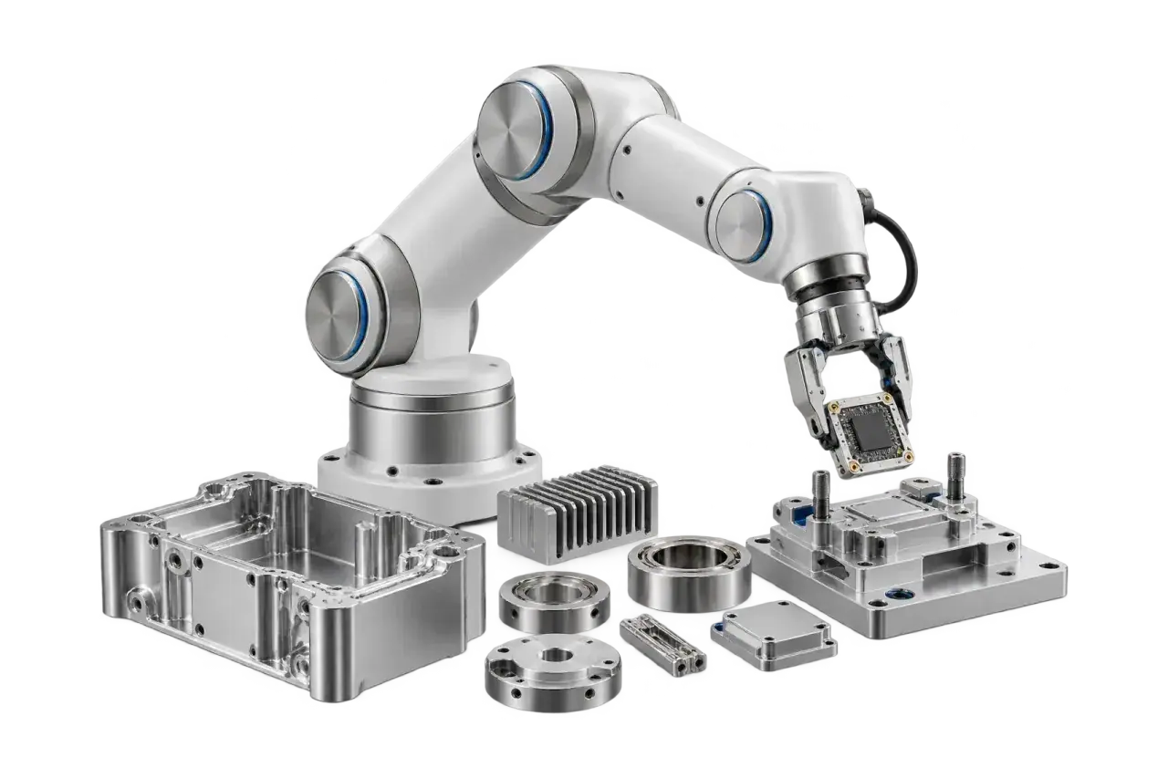 Concept illustration of a compact robotic assembly arm and production components