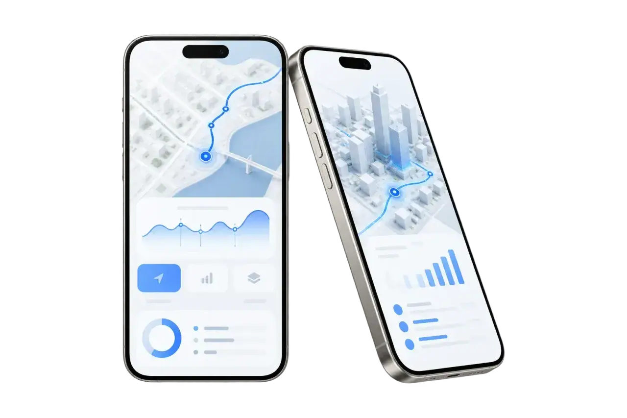 Concept illustration of two titanium smartphones displaying mobile application interfaces